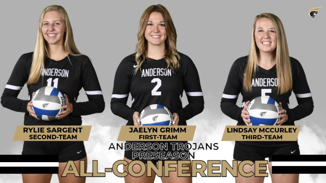 Rylie Sargent, Jaelyn Grimm and Lindsay McCurley pose with volleyballs in hand in a graphic for the South Atlantic Conference Preseason All-Conference awards
